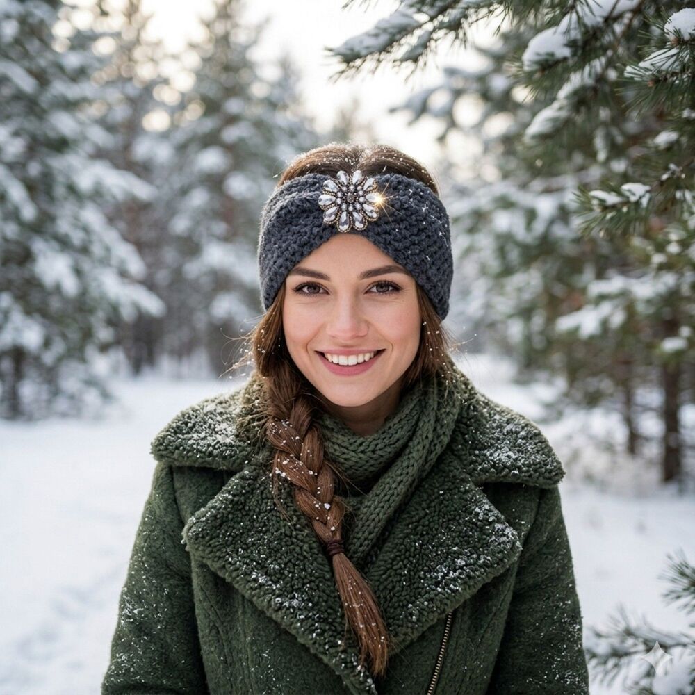 Jeweled Embellished charcoal gray knit ear-warmer headband